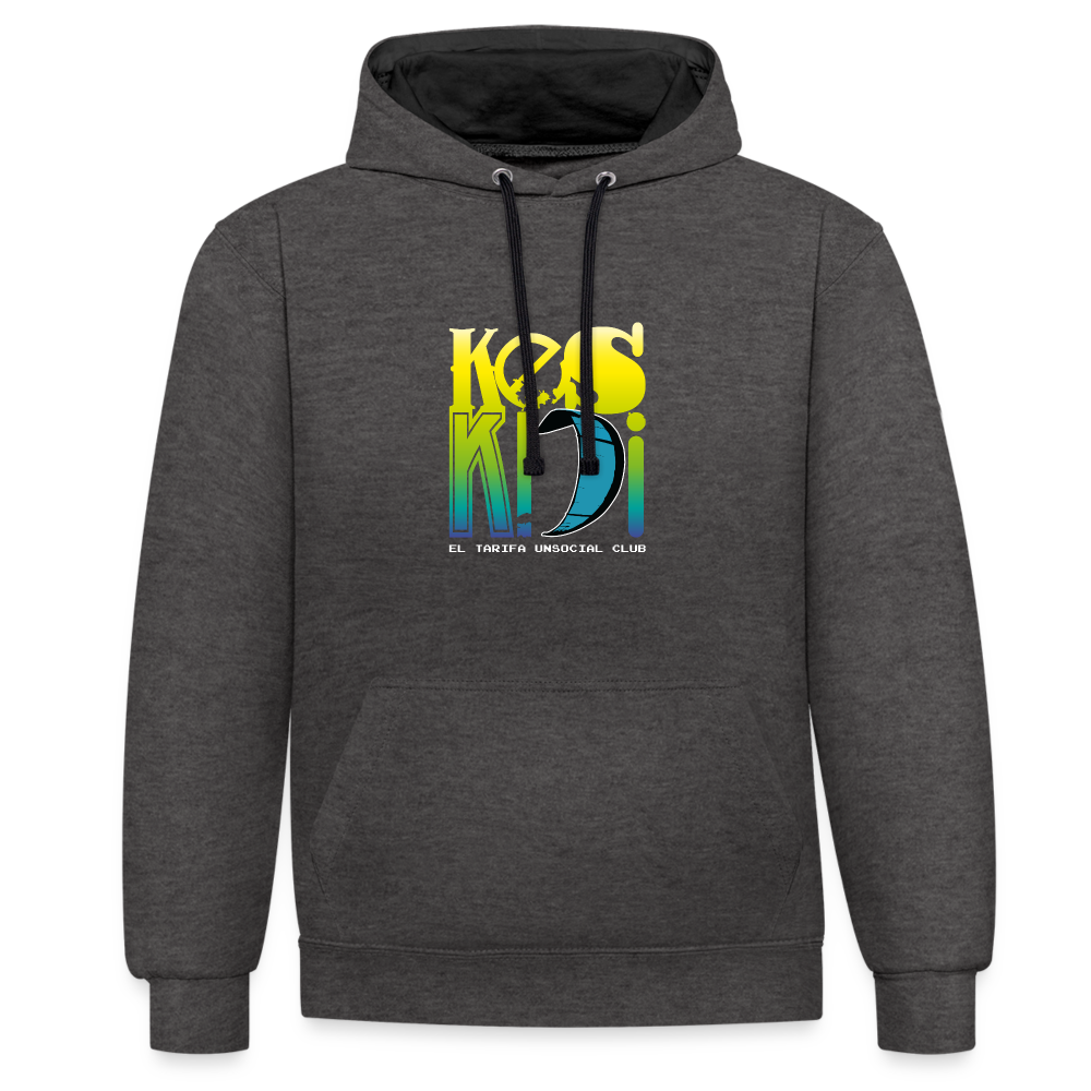 Keskidi KITE Tarifa bicolor unisex hoodie with colorful logo, perfect for beach lifestyle and online street-surf wear enthusiasts.