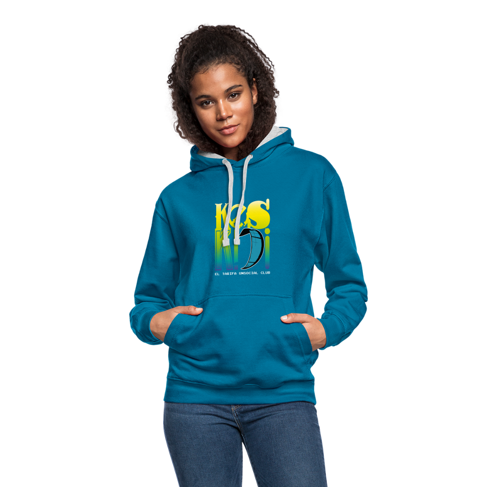 Unisex Keskidi KITE Tarifa bicolor hoodie in blue, featuring a fun and colorful design perfect for beach and wind life enthusiasts.