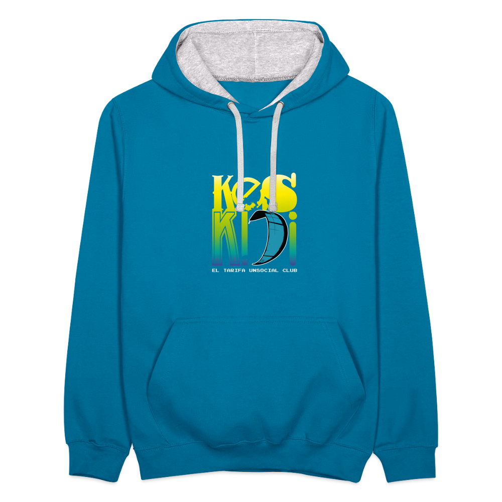 Vibrant unisex Keskidi KITE Tarifa blue hoodie. Online street-surf wear. Full power clothing - perfect for beach lifestyle.