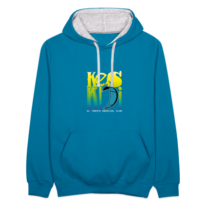 Vibrant unisex Keskidi KITE Tarifa blue hoodie. Online street-surf wear. Full power clothing - perfect for beach lifestyle.