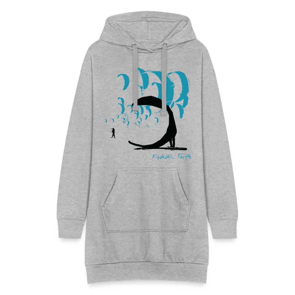 Keskidi Tarifa Online Wear - The Kite Blue Birds Hoodie is as long as a dress, as cozy as it looks! Inspired by the soaring atmosphere on Tarifa beach, comfort and style all day long.