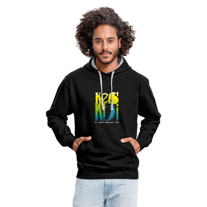 Man wearing colorful Keskidi KITE Tarifa bicolor hoodie, promoting online street-surf wear and beach lifestyle vibes.