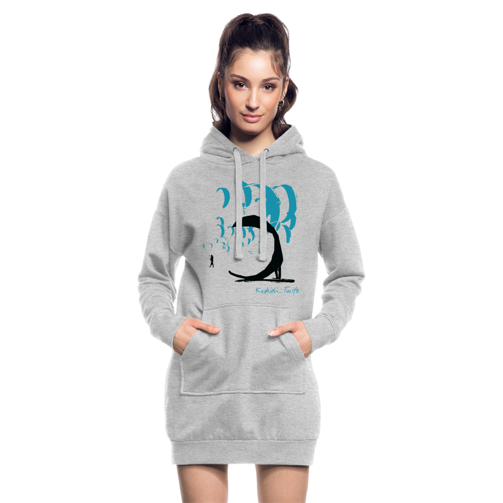 Keskidi Tarifa Online Wear - The Kite Blue Birds Hoodie is as long as a dress, as cozy as it looks! Inspired by the soaring atmosphere on Tarifa beach, comfort and style all day long.